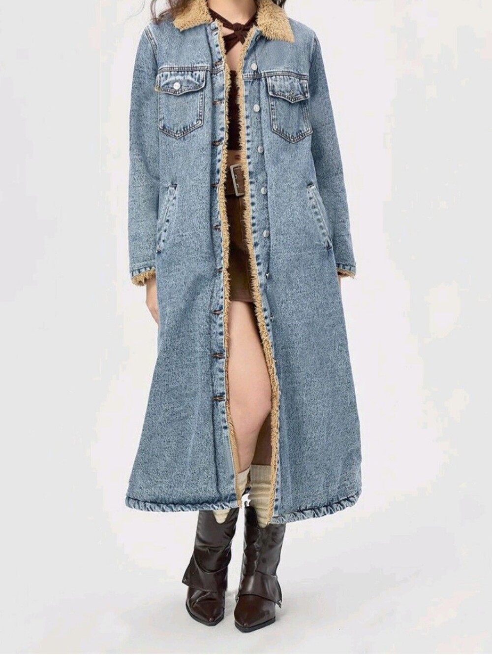 NWT Chouyatou Long Denim Sherpa Lined Button Down Coat